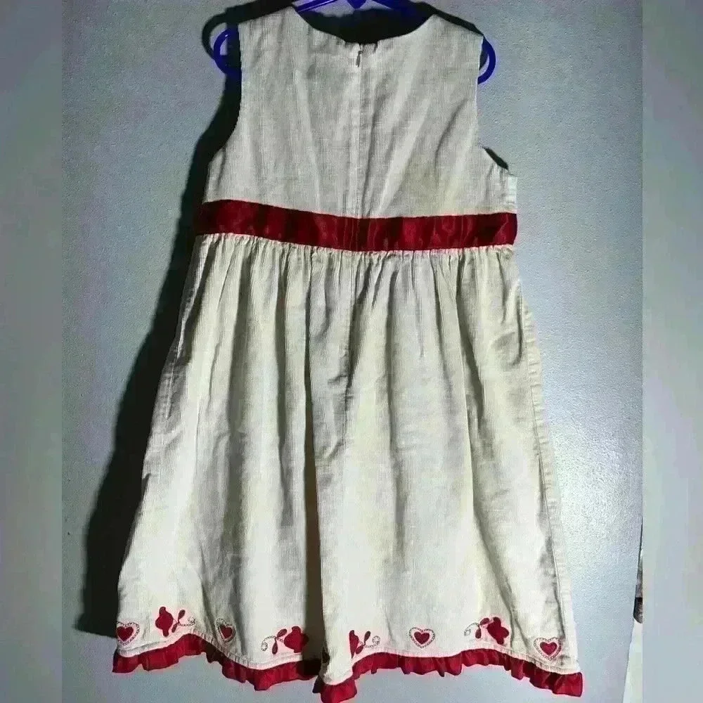 Hanna Andersson size 8 Jumper Dress White Corduroy Red Bow Dutch Amish 130